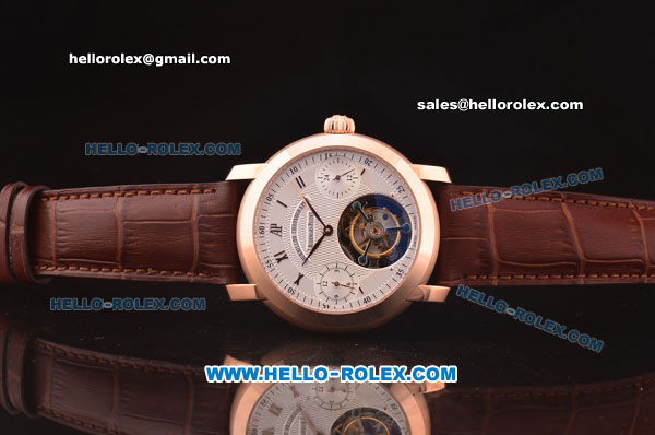 Audemars Piguet Jules Audemars Swiss Tourbillon Manual Winding Movement Rose Gold Case with White Dial and Brown Leather Strap - Click Image to Close